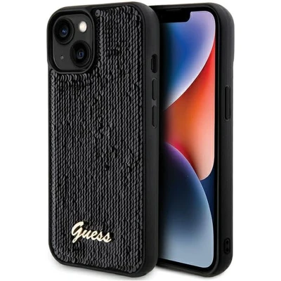 Afbeelding van Guess Sequin Script Metalen hoesje voor iPhone 14/15/13 zwart