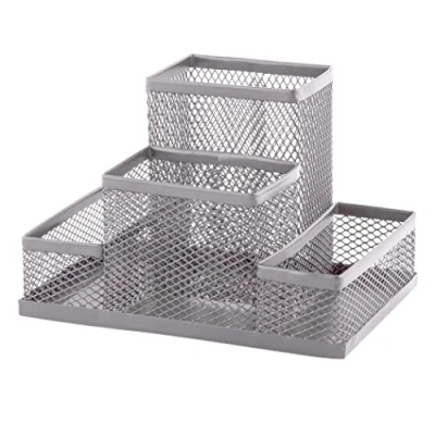 Afbeelding van pennenhouder pennenkoker tafelorganizer van metaal bureauplank met meettjeshouder mesh 103 x 154 mm zilver