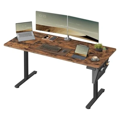 Afbeelding van SONGMICS Elektrisch zit stabureau, in hoogte verstelbaar, 70 x 160 (72 120 cm), 4 geheugenbare hoogtes, opbergtas, voor kantoor, rustiek bruin en inktzwart LSD136K01