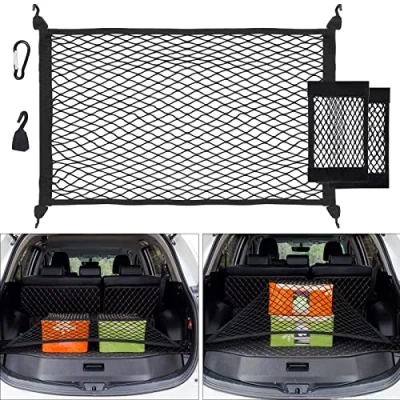 Afbeelding van UIHOL Opbergnet voor de kofferbak, uittrekbaar tot 140 x 100 cm, 2 bagagetassen, organizer autostoelen + 4 karabijnhaken, haken, elastische rand houdt lading steviger