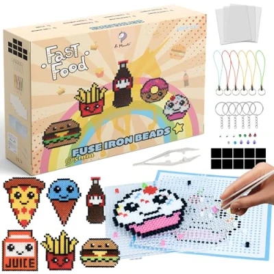 Afbeelding van La Manuli Fastfood strijkkralen, 4000 stuks, geschikt voor alle Beads merken, 11 motieven, met steekplaat, accessoires, 10 kleuren, 5 mm, complete set