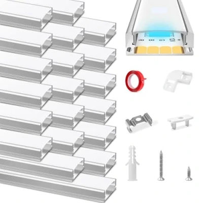 Afbeelding van aluminium led profiel, HOMMAND 20 x 1 m, U vorm, profiel en diffuser met hoekverbinding, lijm, eindkappen montageclips, voor ledstrips