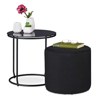 Afbeelding van Relaxdays bijzettafel met poef rond 40 cm glas metaal zwart