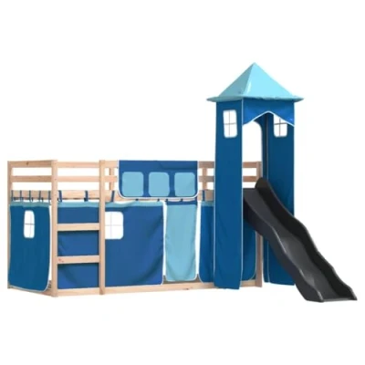 Image de vidaXL Lit superposé avec toboggan et rideaux bleu 90x190 cm
