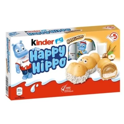 Afbeelding van Kinder happy Hippo Hazelnoot 5e Limited Edition: 5 afzonderlijk verpakte wafels met hazelnootcrème, melkcrème en knapperige broze stukken