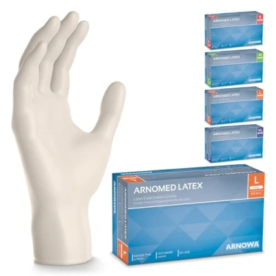 Afbeelding van ARNOMED latex handschoenen L, wit, 500 stuks wegwerphandschoenen (5 dozen), stofvrij, wegwerphandschoenen, verkrijgbaar in de maten XS, S, M, L en XL