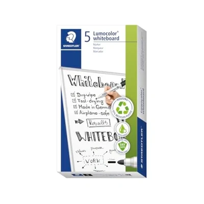Afbeelding van STAEDTLER Lumocolor whiteboard, droog afwisbaar, zonder resten achter te laten, lijnbreedte 2 mm, sneldrogend, navulbaar, lange levensduur, 5 zwarte markers, 351 9X