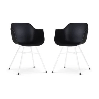 Afbeelding van Nolon Noa Puk Eetkamerstoelen Set van 2 Zwart met Armleuning Kunststof Wit Metalen Poten Kuipstoel