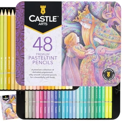 Afbeelding van Castle Art Supplies 48 Pasteltint Kleurpotloden Set Kwaliteitskleuren in zachtere, weelderige tonen Voor professionele en volwassen artiesten Beschermd georganiseerd een blikken doos