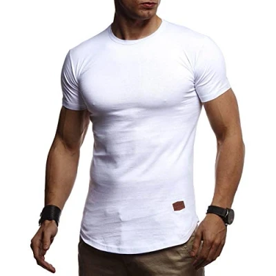 Afbeelding van Leif Nelson Zomer T shirt voor heren met ronde hals, slimfit, katoenaandeel, cool wit zwart basic shirt, korte mouwen, lang, LN8294, Wit, L