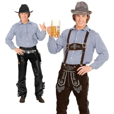 Afbeelding van Widmann Boeren Tirol &amp; Oktoberfest Kostuum Blokjesblouse Blauw / Wit Geblokt Man Blauw, Beige Large Bierfeest Verkleedkleding
