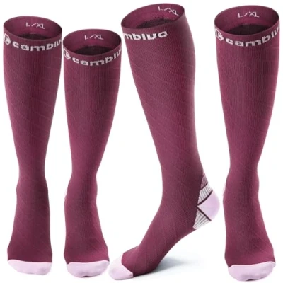 Afbeelding van CAMBIVO 2 paar compressiekousen voor dames en heren, 20 30 mmHg compressiekousen, circulatie spataderen sport, hardlopen, voetbal, vliegreizen, donkerroze, XXL