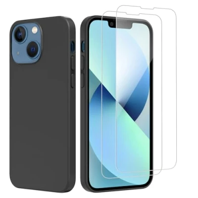 Afbeelding van NEW&#039;C Beschermhoes voor iPhone 13 Mini (5,4 inch), siliconen, ultradun, zwart en 2 x displaybeschermfolie van gehard glas inch)