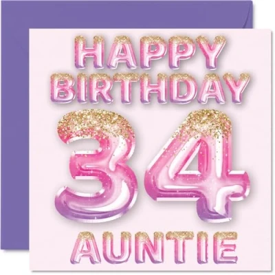 Afbeelding van 34 jaar verjaardagskaart voor tante, roze en paarse glitterballonnen, verjaardagskaarten jarige tante van neef nichtje, 145 mm x