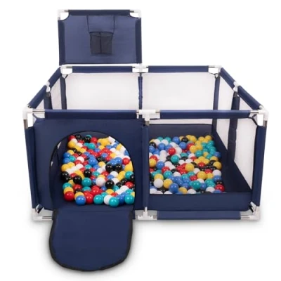 Afbeelding van Selonis kinderbox met mand en 400 ballen, blauw:zwart/wit/blauw/rood/geel/turquoise