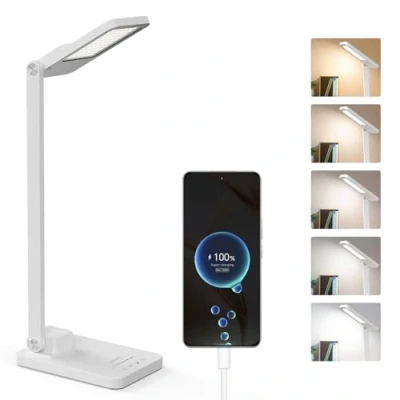 Afbeelding van LENDOO Bureaulamp, led tafellamp, oplaadbaar en dimbaar, 5 kleurmodi, helderheidsniveaus, opvouwbaar, 2000 mAh batterij + met USB poort voor kinderen, studie, werk