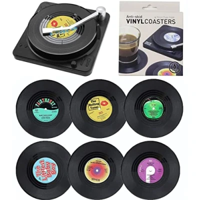 Afbeelding van 6 Stuks Retro CD Vinyl Record Onderzetters Antislip Geïsoleerde Thee Koffie Tafelbeschermer Voorkom verschuiven met beugel