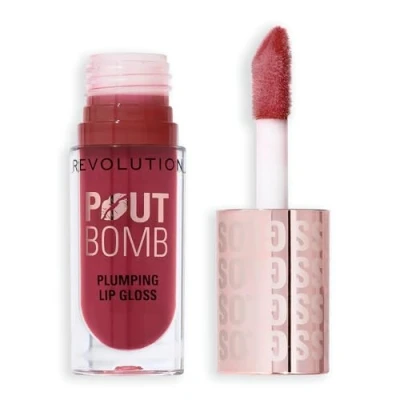 Image de Revolution Beauty, Gloss Repulpant Pout Bomb, Brillance Intense avec Acide Hyaluronique &amp; Peptides, Végan Sans Cruauté, Rose Bois de