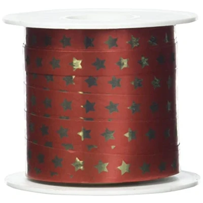 Afbeelding van Krullint rood met sterren Kerstlint 10mm x 100 meter