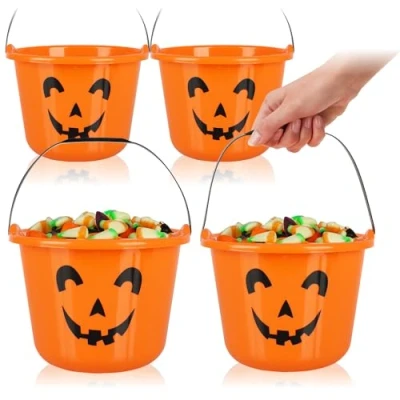 Afbeelding van COM FOUR® 4 x Halloween pompoenemmers kunststof emmers in pompoendesign voor het verzamelen van snoep verzameltas met handvat