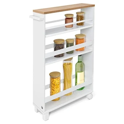 Afbeelding van bomoe Hylla Keukentrolley op Wieltjes 50x79x15 cm Serveerwagen Hout met 3 Planken &amp; FSC® Eiken Werkblad Wit