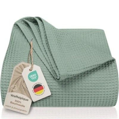 Afbeelding van LAYNENBURG Sprei 150 x 200 cm Wafelpiqué 100% Katoen Licht zomerdeken Katoenen deken voor bed, bank Luchtige sofa (muntgroen)