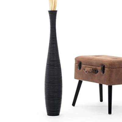 Afbeelding van Leewadee Grote vaas om op de grond neer te zetten voor decoratieve takken, mangohouten vaas, 90 cm, zwart