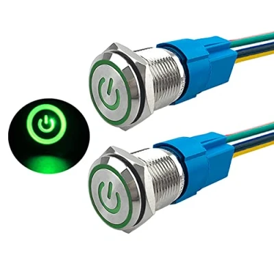 Afbeelding van Aiqeer 2 stuks, 16 mm, zelfblokkerende drukknopschakelaar, 12 V/24 V, 5 A, drukknopschakelaar van roestvrij staal, waterdicht IP67, met voorbedrade stekker (groene led)
