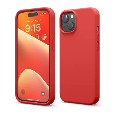 Afbeelding van elago Liquid siliconen hoesje compatibel met iPhone 15 (4&quot;), hoogwaardige siliconen, volledige bescherming 4 laags schokbestendig telefoonhoesje, zachte microvezel anti kras voering (Rood)