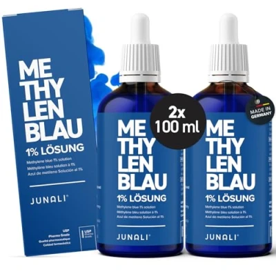 Afbeelding van JUNALI® 1% USP methyleenblauwe oplossing in farmaceutische kwaliteit, 2 x 100 ml, vrij van zware metalen, laboratoriumgeteste kwaliteit Made Germany