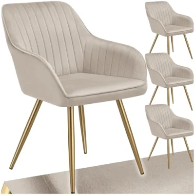 Afbeelding van tectake® 4 x Fluwelen Stoel set van Eetkamerstoelen Met Gewatteerde Stof, Moderne Keukenstoelen, Comfortabele Fauteuil Voor Woonkamer, Eetkamer, Lounge taupe / goud