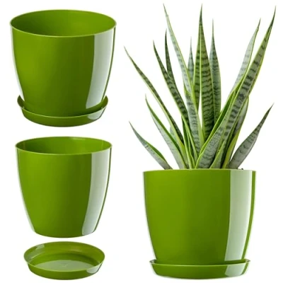 Afbeelding van KADAX Elegante plantenbak met onderzetter, rond en elegant, van lichte kunststof, voor binnen huishouden, plantenbak, diameter 20 cm, groen