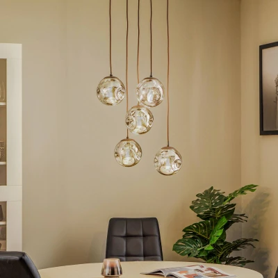 Afbeelding van Lindby hanglamp Valentina, glas, rookgrijs, rond, 5 lamps.