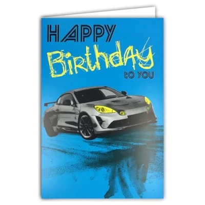 Afbeelding van 69 8116 Carte FLUO Happy Birthday to you avec Enveloppe 12x17,5cm Illustration Voiture de Sport Coupé Gris Course Automobile Véritables encres Bleu pour Homme Créé et Fabriqué en France