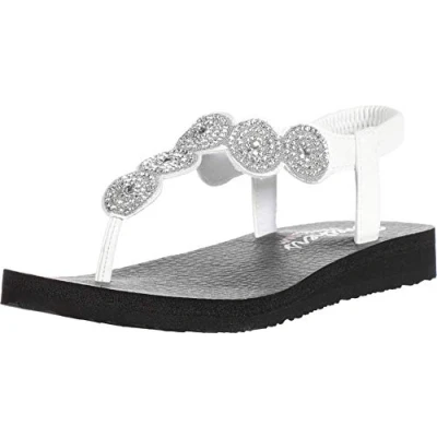 Afbeelding van Skechers Meditatie Stars &amp; Sparkle teenslippers voor dames, Wit Duraleather Clear Rhinestone Trim Wht