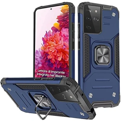 Afbeelding van KANSi beschermhoes compatibel voor Samsung Galaxy S21 Ultra 5G, van TPU, siliconen, 360 graden draaibaar, magnetische ring, standaard, dubbele bescherming, blauw