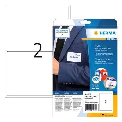 Image de Herma 4519 étiquettes textiles/pour badges nominatifs A4 199,6 x 143,4 (40 étiquettes) blanc