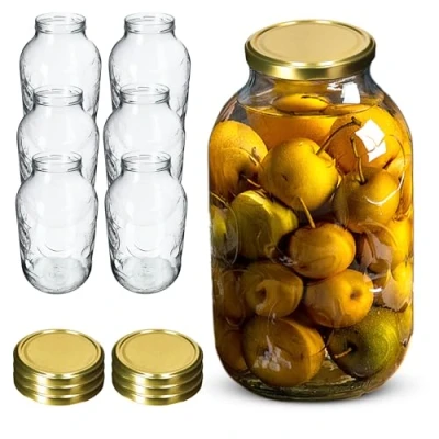 Afbeelding van KADAX Weck Set van 6 ronde glazen voorraadpotten, 5 liter, om in te steken met schroefdeksel, inmaakpotten, rond, goudkleurig