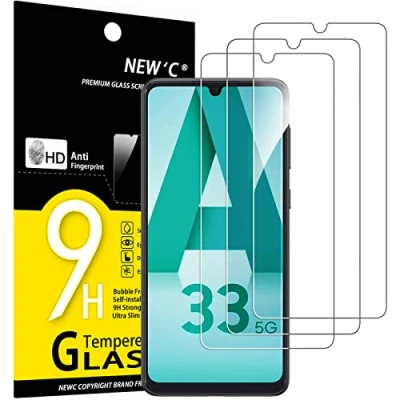 Afbeelding van NEW&#039;C Displaybeschermfolie van gehard glas voor Samsung Galaxy A33 5G, krasbestendig, zonder luchtbellen, extreem robuust (0,33 mm HD ultra transparant), hardheid 9H, 3 stuks