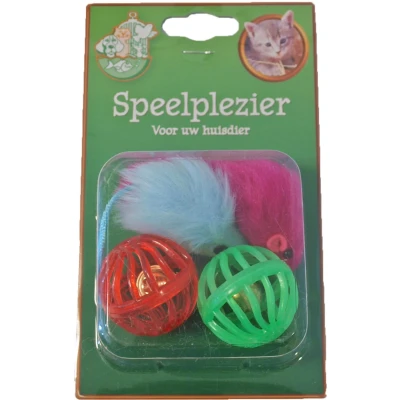 Afbeelding van Kattenspeelgoed blisterpak 2 plastic bal en bontmuis 5 cm Gebr. de Boon