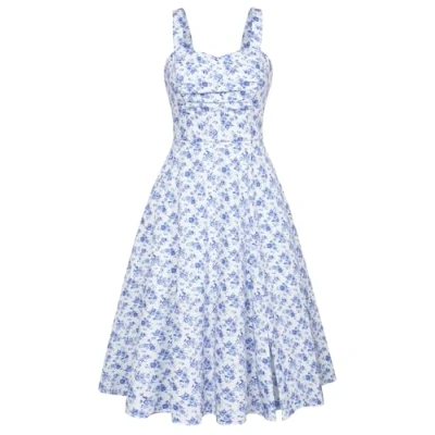 Afbeelding van Belle Poque Mouwloze geplooide midi jurk voor dames, jaren &#039;50 stijl, blauwe en paarse bloemen