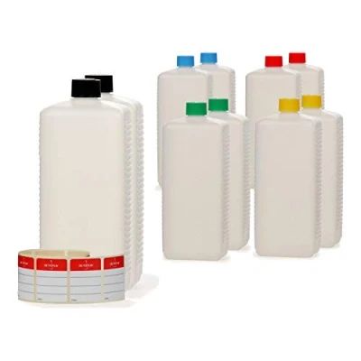 Afbeelding van Octopus 10 stuks 1000 ml plastic flessen met veelkleurige schroefdoppen, lege flessen, vierkante beschrijfbare etiketten