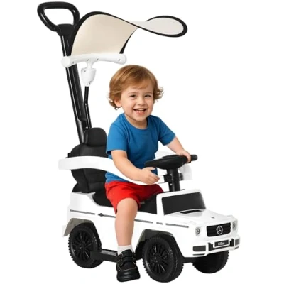 Afbeelding van Homcom Kinderdrager, kinderauto, zeer uitgerust, 12 36 maanden, toeter, opstapje, leuning en parasol, wit