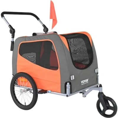 Image de VEVOR Remorque de Vélo Chien Pliable Charge 30 kg Poussette Animaux Compagnie 2en1 Cadre Facile à Plier avec Roues Dégagement Rapide, Coupleur Universel, Réflecteurs, Drapeau, Orange/Gris