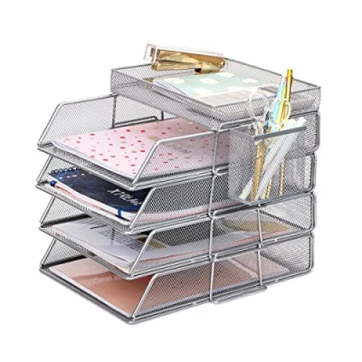 Afbeelding van EXERZ Set van 6 papieren bakken met 4 stapelbare sorteerders, 1 bovenste plank, zijmand, bureau organizer metaalgaas, voor kantoor, school