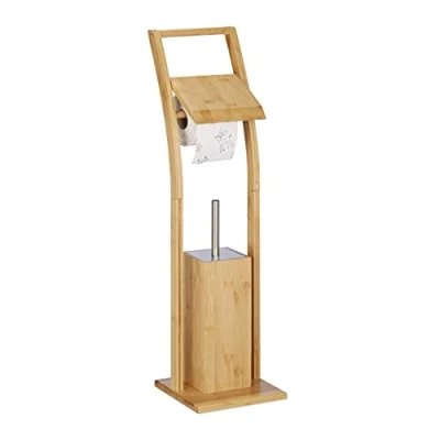Afbeelding van Relaxdays Toiletpapierhouder van bamboe en roestvrij staal met vrijstaande toiletborstel, 74 x 20 cm, naturel
