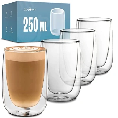Afbeelding van 4 Dubbelwandige thermische cappuccinoglazen 250ml Houdt de temperatuur langer vast Beschermt uw handen Met geschenkverpakking