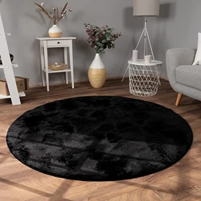 Afbeelding van Paco Home Vloerkleed voor de woonkamer, imitatiebont, pluizig, shaggy, lang, wasbaar, afmetingen: 200 cm, rond, kleur: zwart