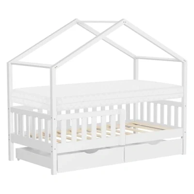 Afbeelding van ML Design lit pour enfant, 80 x 160 cm, blanc, avec matelas, 2 tiroirs, protection anti chute et sommier à lattes, de jeu en bois pin, cadre Montessori enfants, sol, maison