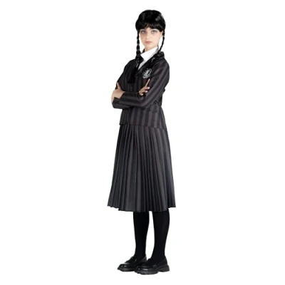 Afbeelding van Ciao Woensdag Addams schooluniform Nevermore Academy kostuum voor meisjes, origineel Wednesday (maat 10 12 jaar) met pruik